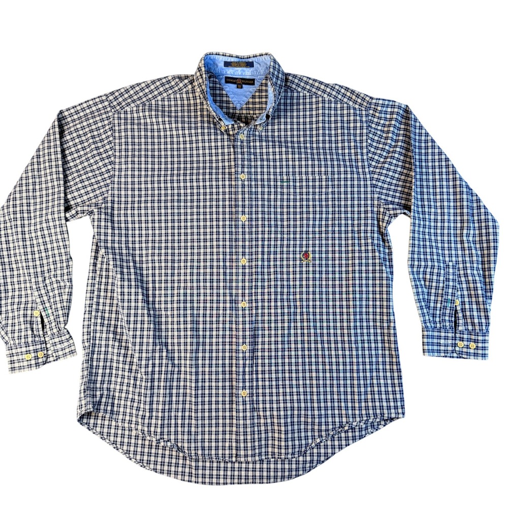 Tommy Hilfiger Mens XXL Blue White Check Long Sleeve Button Down Cotton‎ Shirt